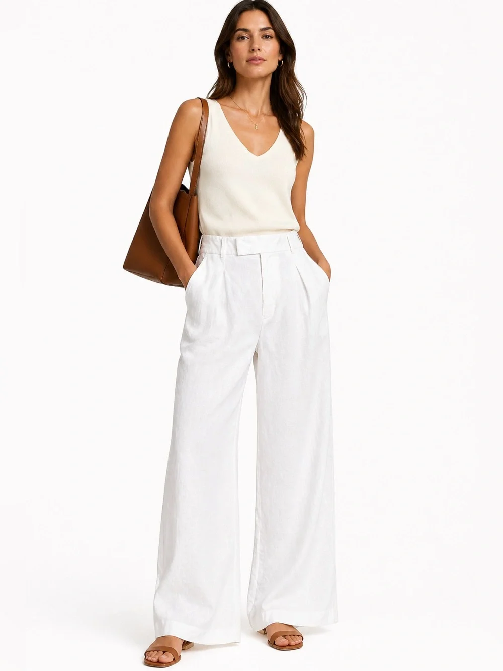 BANANA‎ REPUBLIC White Linen Blend Wide Leg Pants 12 High Rise Pleated Coastal
